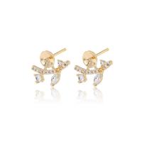 Brass Earring Stud Component, gold color plated, micro pave cubic zirconia 6mm 