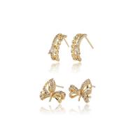 Brass Earring Stud Component, gold color plated & micro pave cubic zirconia  