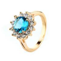 Кубическое цирконовое латунное кольцо, Латунь, с кубический цирконий, плакирован золотом, разный размер для выбора & Женский, голубой, продается PC