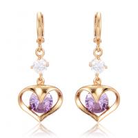 Huggie Hoop Drop Earring, Brass, Heart, real gold plated, micro pave cubic zirconia & for woman, purple 