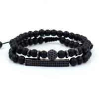 Black Agate Bracelets, Zinc Alloy, with Black Agate, plated, 2 pieces & micro pave cubic zirconia 6mm Inch 