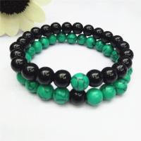Gemstone Bracelets, Black Stone, with turquoise, Round, polished, 2 pieces & Unisex, 8mm Approx 7.5 Inch 