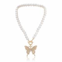 Zinc Alloy Necklace, with Plastic Pearl, Butterfly, plated, for woman & with rhinestone 4.1mm,1.8mm Approx 18.1 Inch 