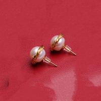 Sterling Silver Natural Pearl Stud Earring, 925 Sterling Silver, with Freshwater Pearl, gold color plated, for woman, white, 10mm 