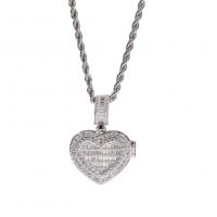 Fashion Locket Necklace, Brass, Heart, plated, French Rope Chain & Unisex & micro pave cubic zirconia Inch 