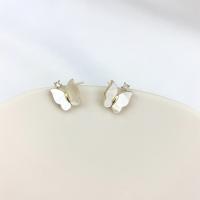 Freshwater Shell Earring, Brass, with Freshwater Shell, Butterfly, real gold plated, micro pave cubic zirconia & for woman, white 