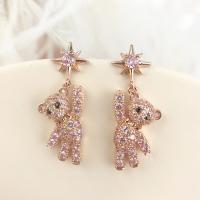 Brass Drop Earring, Bear, real rose gold plated, micro pave cubic zirconia & for woman 
