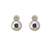 Brass Stud Earring, with White Shell, Evil Eye, 14K gold plated, micro pave cubic zirconia & for woman 
