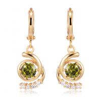 Huggie Hoop Drop Earring, Brass, with Cubic Zirconia, gold color plated, for woman, olive green 