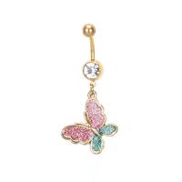 Stainless Steel Belly Ring, Butterfly, gold color plated, with rhinestone 
