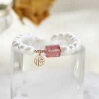 Plastic Pearl Bracelets, Brass, with Strawberry Quartz & Plastic Pearl, fashion jewelry, white, 14-17cm 