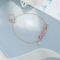 Quartz Bracelets, Brass, with Strawberry Quartz, Adjustable & fashion jewelry, pink, 16-18cm 