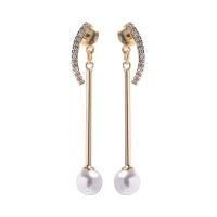 Zinc Alloy Rhinestone Drop Earring, with 925 Sterling Silver & Plastic Pearl, gold color plated, for woman & with rhinestone, white 