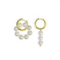 Huggie Hoop Drop Earring, Zinc Alloy, with 925 Sterling Silver & Plastic Pearl, irregular, gold color plated, for woman & with rhinestone, white 