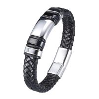 Men Bracelet, Split Layer Cowhide Leather, with Stainless Steel, fashion jewelry, black 
