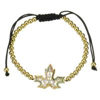 Cubic Zirconia Micro Pave Brass Bracelet, with Polyester Cord, Maple Leaf, gold color plated, Adjustable & micro pave cubic zirconia & for woman & hollow 4mm Approx 6-11 Inch 