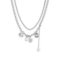 Mode-Multi-Layer-Halskette, Zinklegierung, mit Kunststoff Perlen, silberfarben plattiert, mehrschichtig & für Frau, weiß, Länge:18.7 ZollInch, verkauft von Strang