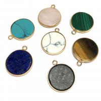 Gemstone Brass Pendants, with Brass, Flat Round, gold color plated, DIY 