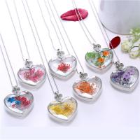Glass Zinc Alloy Necklace, with Dried Flower & Glass, silver color plated, for woman .6 Inch 