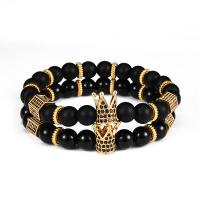 Black Agate Bracelets, with Brass, Crown, plated, Unisex & micro pave cubic zirconia 8mm Approx 7.5 Inch 