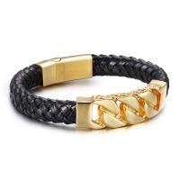 Men Bracelet, Titanium Steel, with Leather, real gold plated, for man 