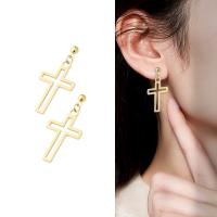 Stainless Steel Drop Earring, Cross, gold color plated, for woman, 35mm 