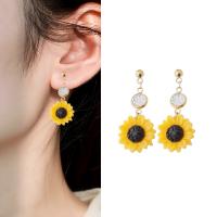 Stainless Steel Drop Earring, with Resin, Sunflower, gold color plated, for woman, 40mm 