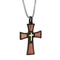 Men Sweater Chain Necklace, Stainless Steel, with Wood, Cross, gun black plated & for man Approx 23 Inch 