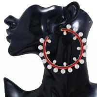 Pendientes Aro de Aleación de Zinc, con Perlas plásticas, chapado en color dorado, para mujer & con diamantes de imitación, Rojo, 60mm, Vendido por Par