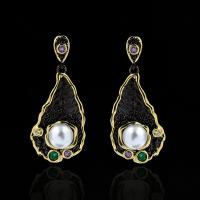 Cupronickel Drop Earring, with Plastic Pearl, gun black plated, for woman & with rhinestone, white 