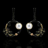 Cupronickel Lever Back Earring, with Freshwater Pearl, gun black plated, for woman & with rhinestone, white 