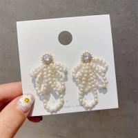Plastic Pearl Zinc Alloy Earring, with 925 Sterling Silver & Plastic Pearl, gold color plated, for woman & with rhinestone, white 