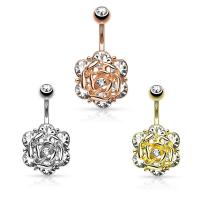 Stainless Steel Belly Ring, Zinc Alloy, with 316L Stainless Steel, Flower, plated, with rhinestone 5mm,1.6*10mm 