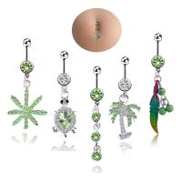 Stainless Steel Belly Ring, Zinc Alloy, with 316L Stainless Steel, plated, 5 pieces & with rhinestone, green, 5mm,1.6*10mm 