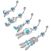 Stainless Steel Belly Ring, Zinc Alloy, with turquoise & 316L Stainless Steel, plated, 5 pieces & micro pave cubic zirconia, blue, 5mm,1.6*10mm 