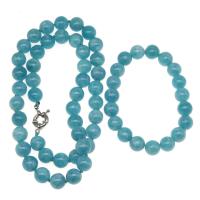 Aquamarine Jewelry Set, bracelet & necklace, Round, polished, 2 pieces & fashion jewelry, blue, 10*10mm 