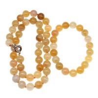 Jade Yellow Jewelry Set, bracelet & necklace, Round, polished, 2 pieces & fashion jewelry, yellow, 10*10mm 