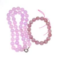 Rose Quartz Jewelry Set, bracelet & necklace, with Pink Calcedony, Round, polished, 2 pieces & fashion jewelry, multi-colored, 10*10mm 