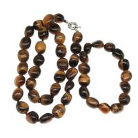 Tiger Eye Jewelry Set, bracelet & necklace, Round, polished, 2 pieces & fashion jewelry, brown, 12*12mm 