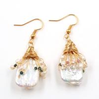 Freshwater Pearl Brass Earring, with Brass, plated, for woman, white 