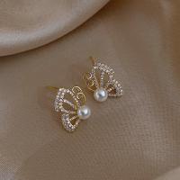 Zinc Alloy Rhinestone Stud Earring, with Plastic Pearl, durable & fashion jewelry, golden 