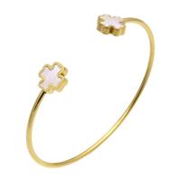 Stainless Steel Cuff Bangle, with White Shell, gold color plated, adjustable & for woman, Inner Approx 