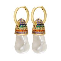 Huggie Hoop Drop Earring, Brass, with Freshwater Pearl, plated, micro pave cubic zirconia 