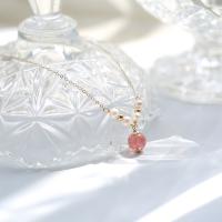 Quartz Necklace, Brass, with Strawberry Quartz, fashion jewelry, pink 