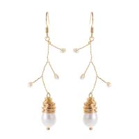 Boucles d'oreilles d'eau douce de Perle , laiton, avec perle, branche, Placage, bijoux de mode & pour femme, blanc, 60mm, Vendu par paire