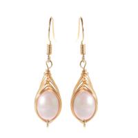 Freshwater Pearl Brass Earring, with pearl, Ellipse, plated, fashion jewelry & for woman, golden, 35mm 