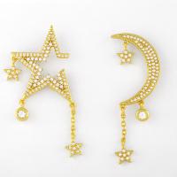Asymmetric Earrings, Brass, Moon and Star, 18K gold plated, fashion jewelry & micro pave cubic zirconia & for woman, golden, 46*24*45*17mm 