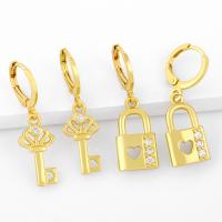Huggie Hoop Drop Earring, Brass, Lock and Key, 18K gold plated & micro pave cubic zirconia & for woman, golden 
