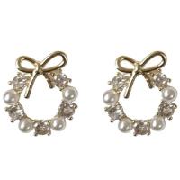 Plastic Pearl Zinc Alloy Earring, with Plastic Pearl, gold color plated, for woman & with rhinestone 
