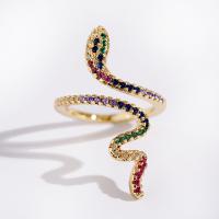 Латунь Манжеты палец кольцо, Змея, плакирован золотом, Регулируемый & инкрустированное микро кубического циркония, размер:5, продается PC